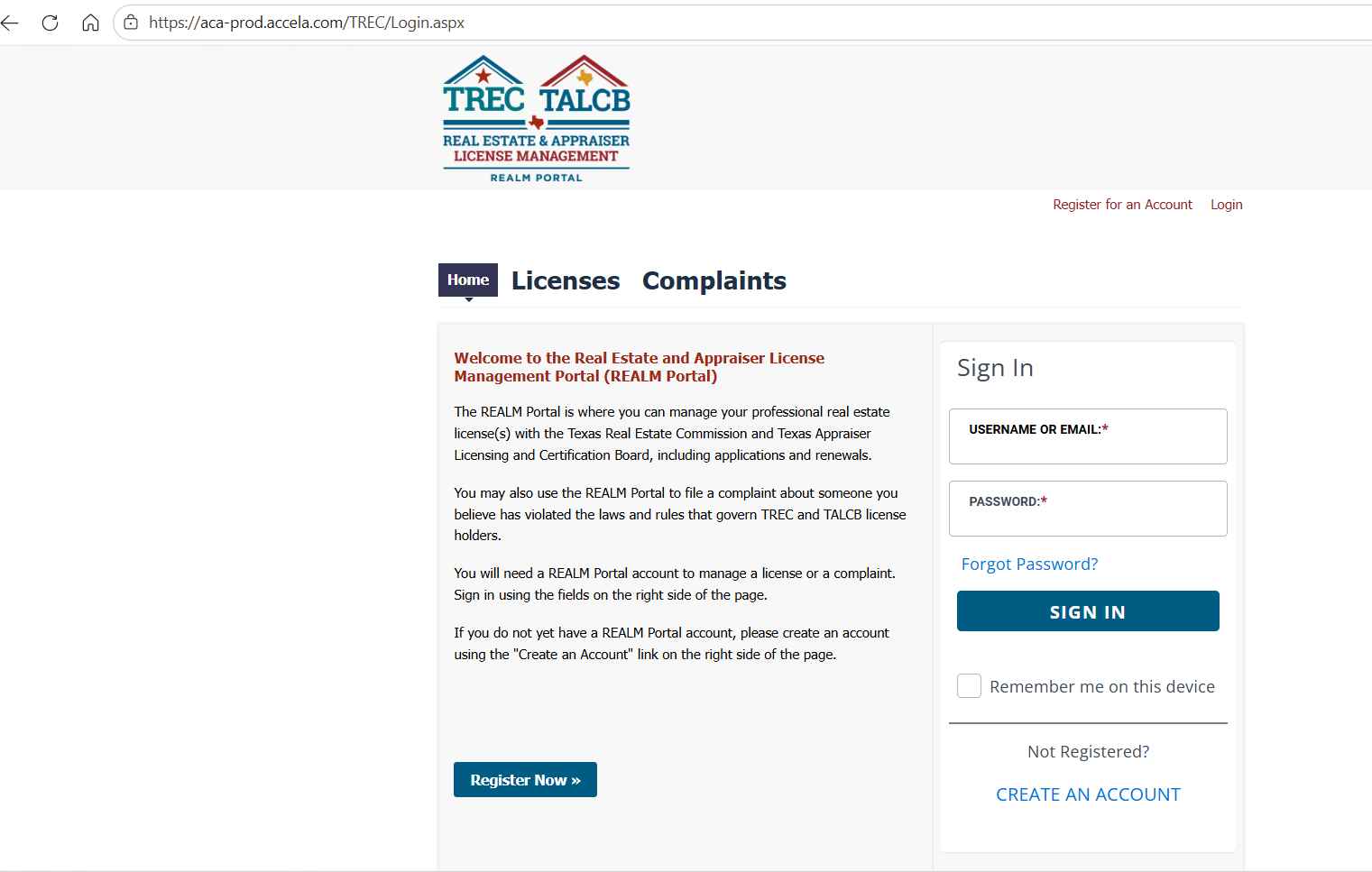 TREC REALM Portal login page