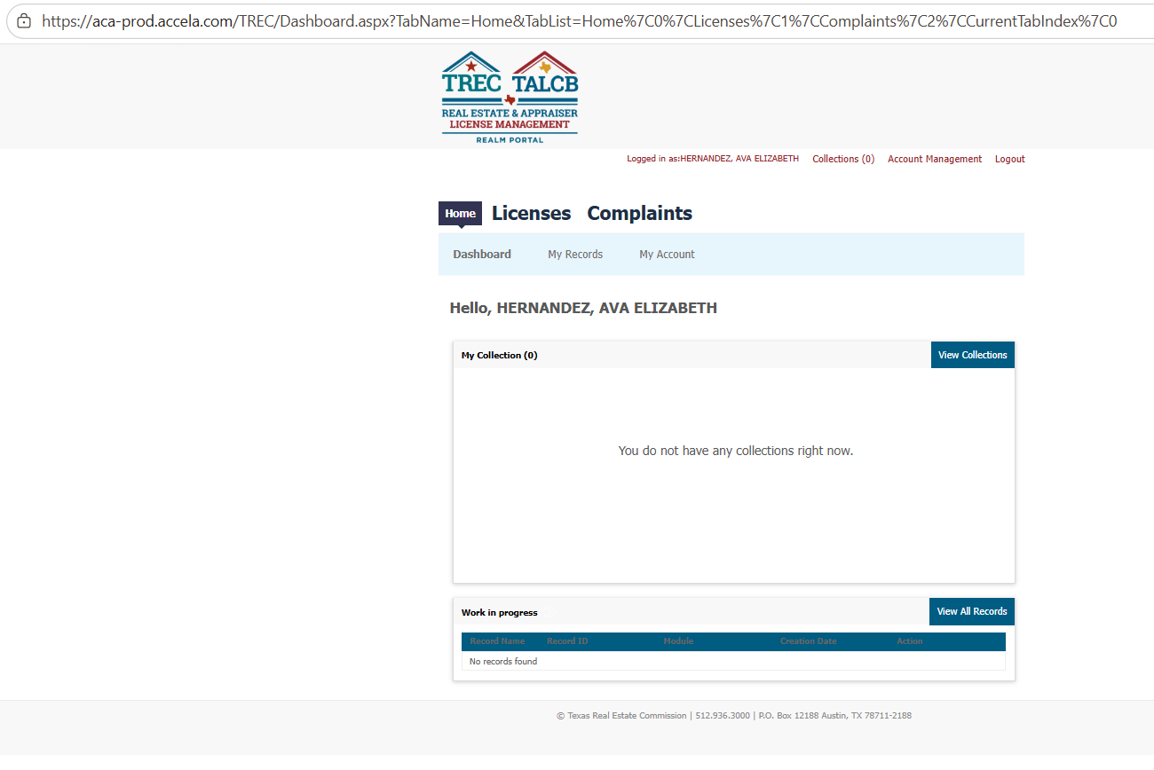 TREC REALM Portal dashboard after login
