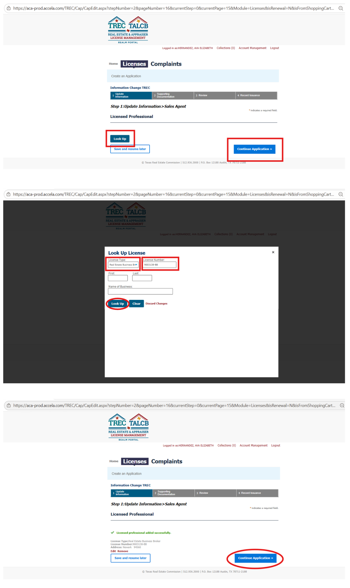 TREC Look Up License dialog with broker number entry