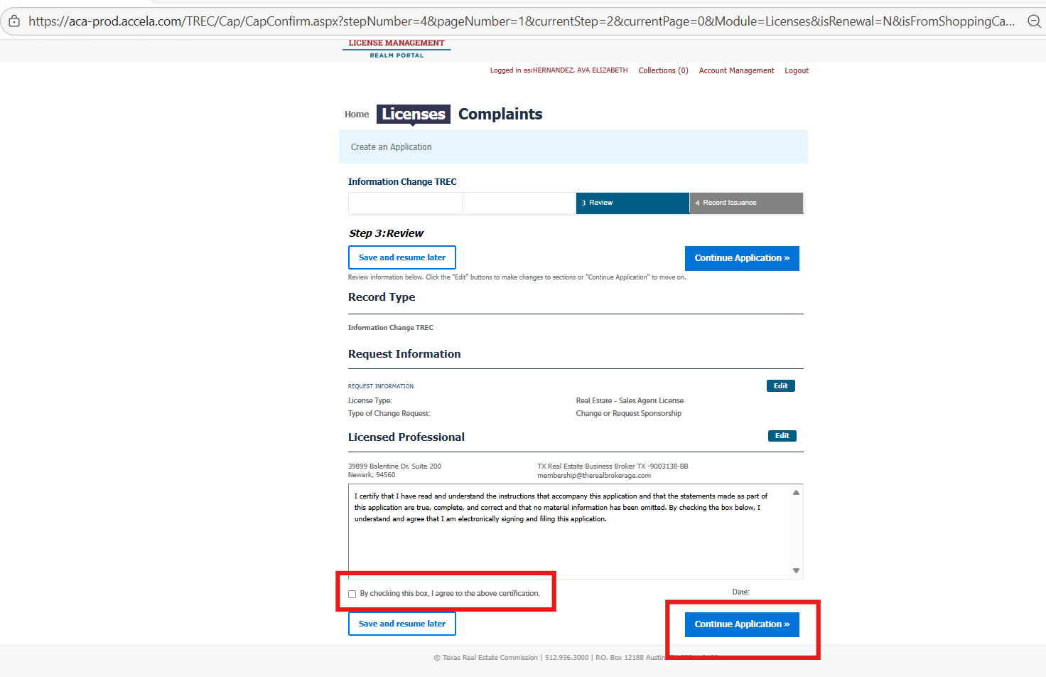 TREC Review page with certification checkbox and Continue button