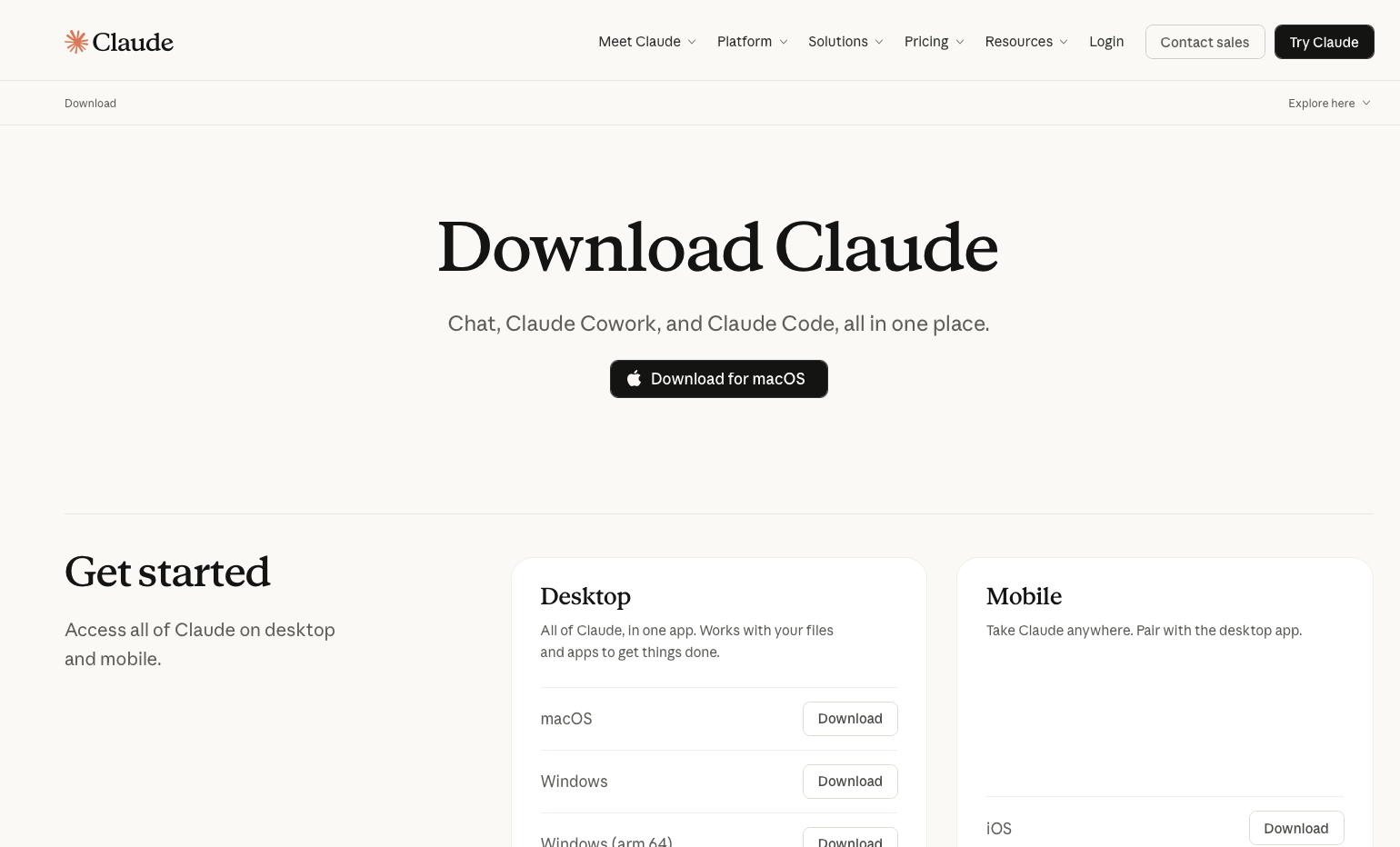 The Claude download page where agents install the desktop app.