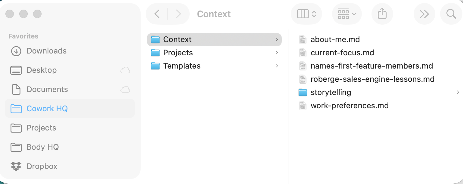 A Cowork HQ folder containing Context, Projects, and Templates subfolders.