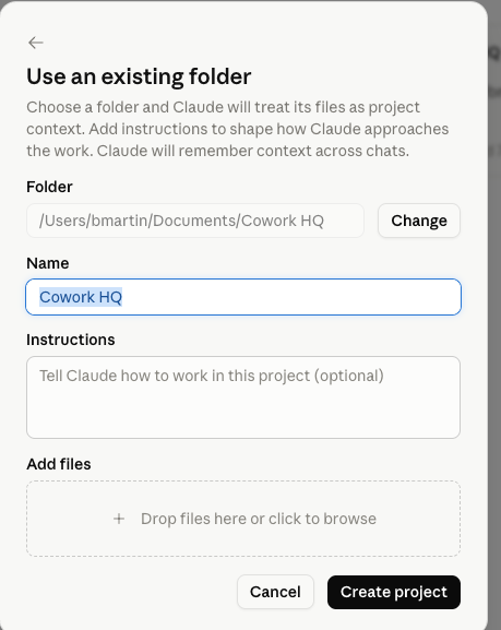 Naming the project Cowork HQ and clicking Create.