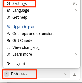 Opening Settings from your name in the lower left of Claude.