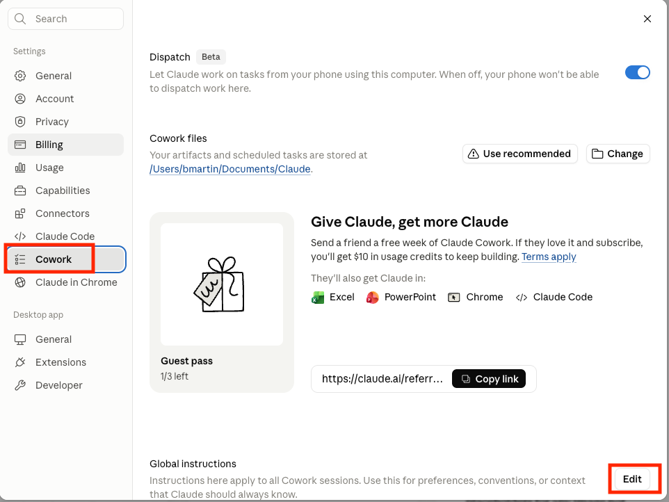 Choosing Cowork in Settings and clicking Edit on Global instructions.