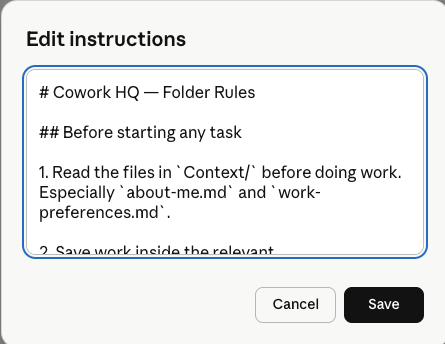 Pasting the folder rules into the instructions panel.
