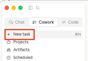 Clicking New Task in the upper left of Cowork.