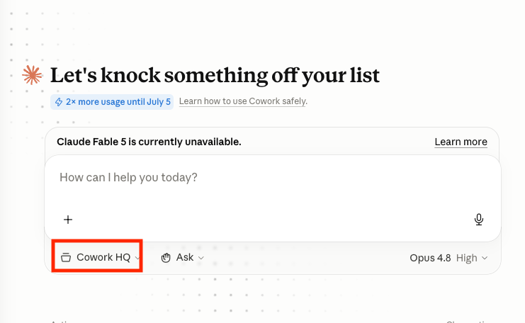 Confirming Cowork HQ is the selected project before starting.