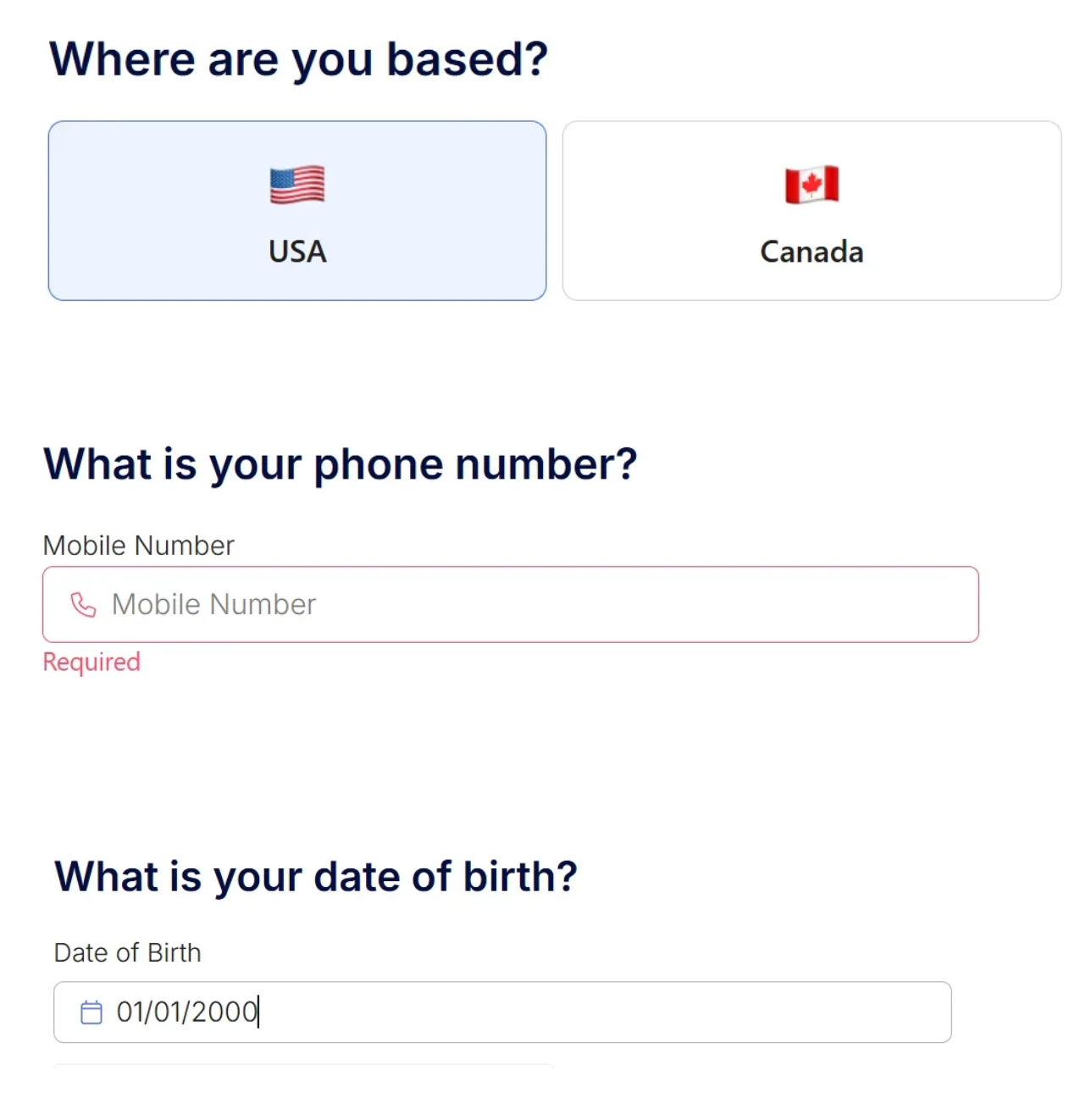 Location, phone, and date of birth form