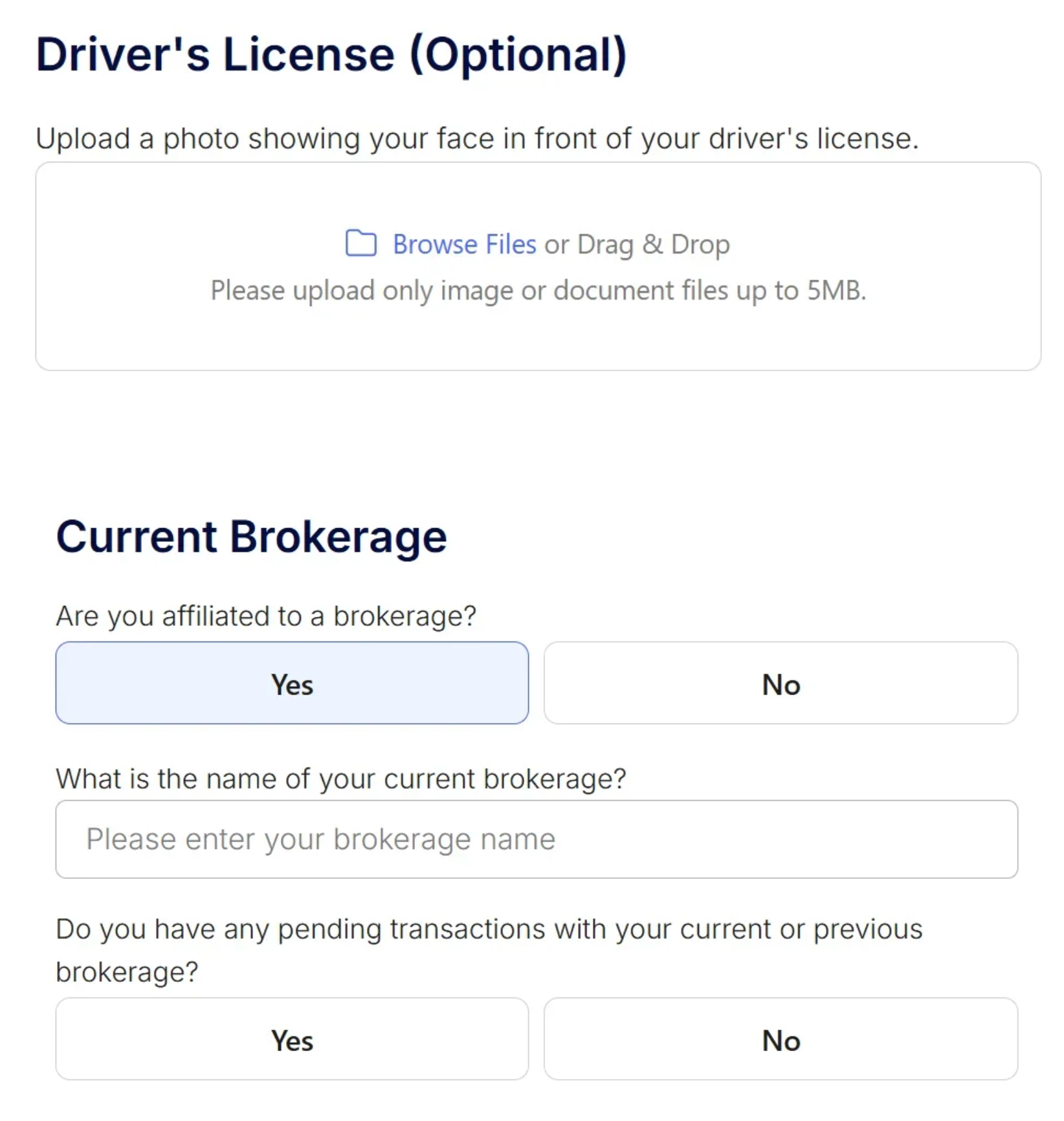 Driver's license upload and current brokerage info