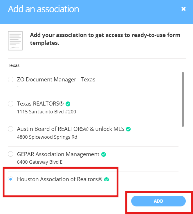 Select Houston Association of Realtors and click Add