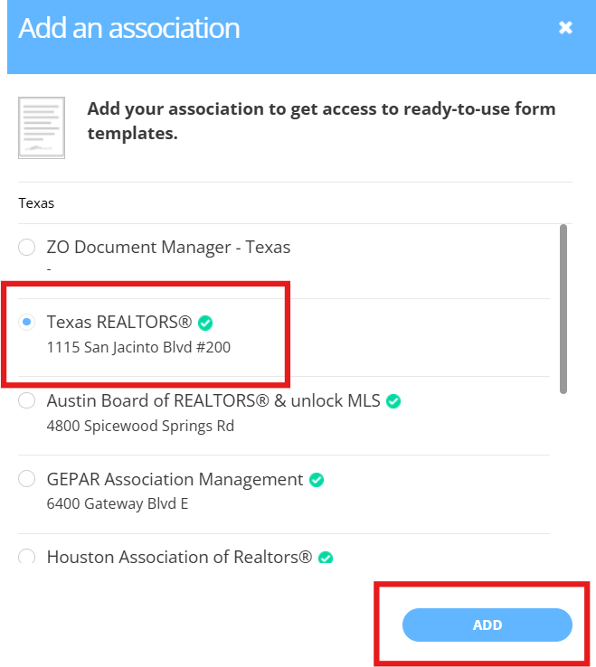 Select Texas REALTORS and click Add