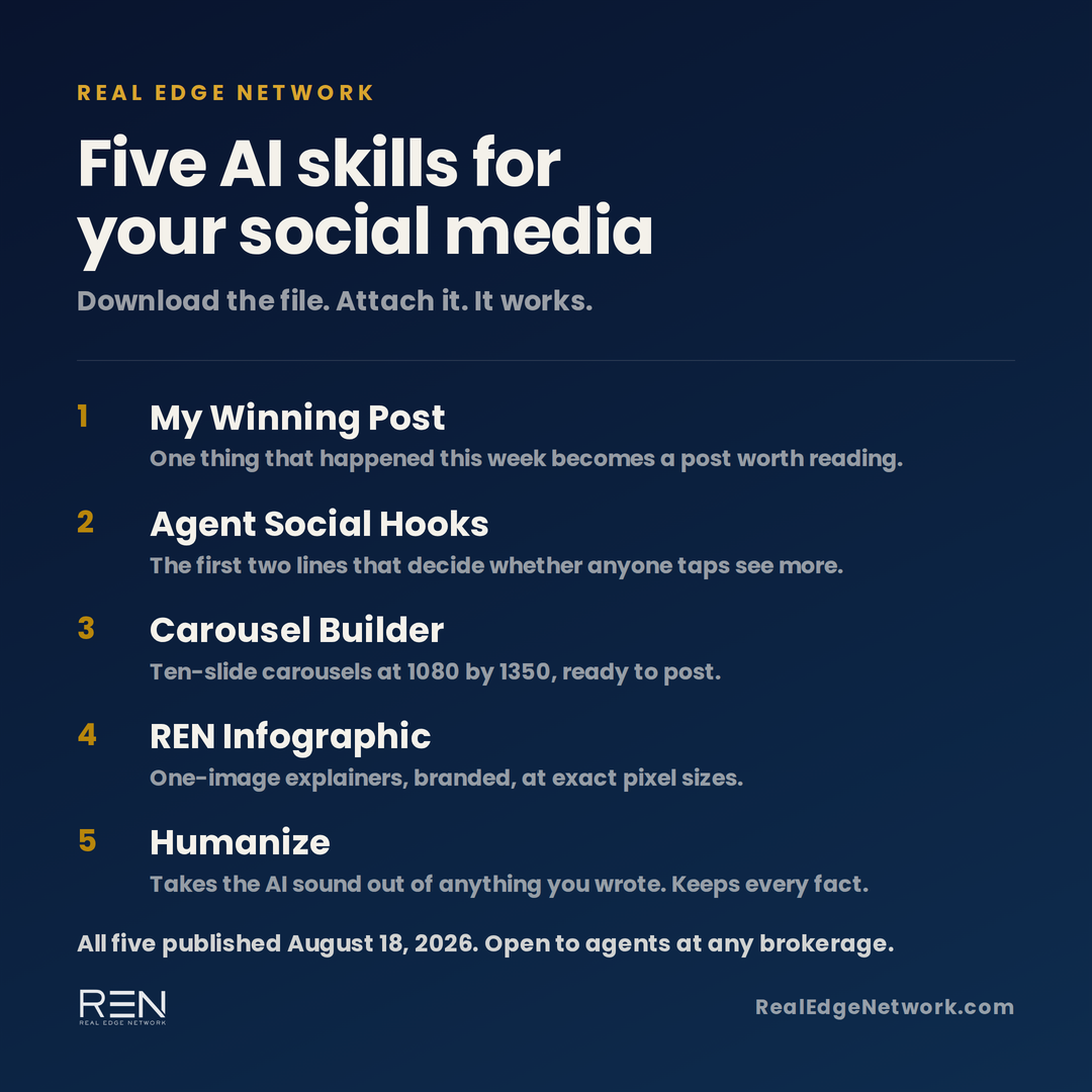 Five AI skills for your social media: My Winning Post, Agent Social Hooks, Carousel Builder, REN Infographic, and Humanize. All five published August 18, 2026.