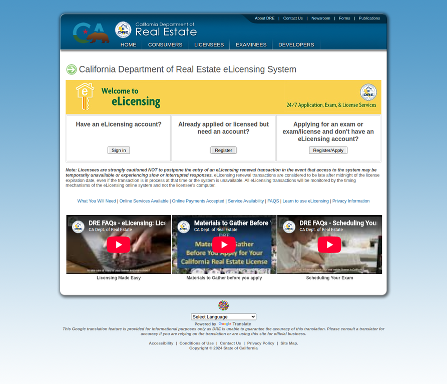 DRE eLicensing System login page