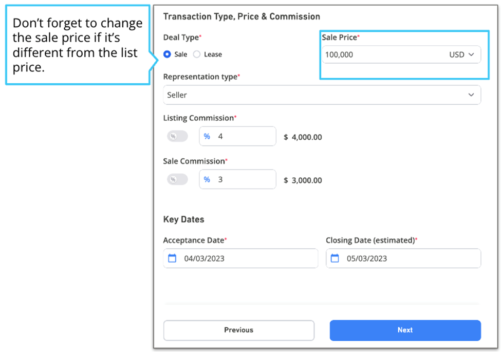 Transaction type and price