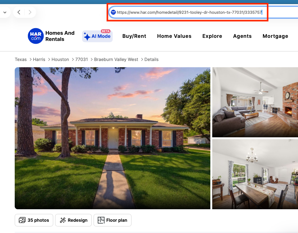 HAR listing page with URL bar highlighted