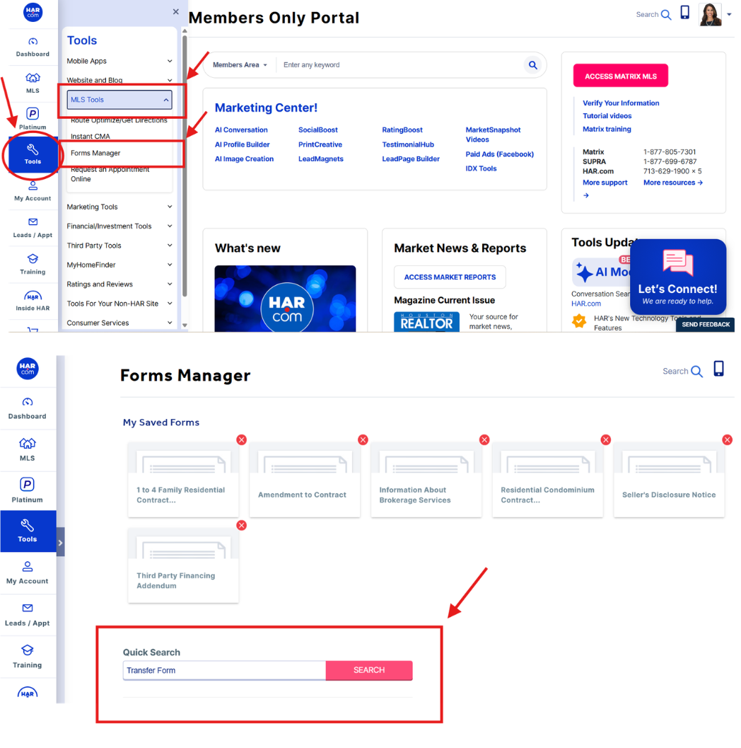 HAR Forms Manager showing how to find the Transfer Form