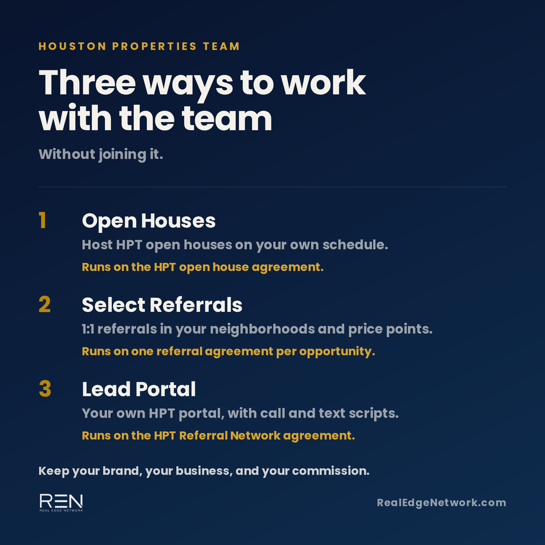 Three ways to work with the Houston Properties Team without joining it: open houses, select referrals, and a lead portal. Each runs on its own agreement.