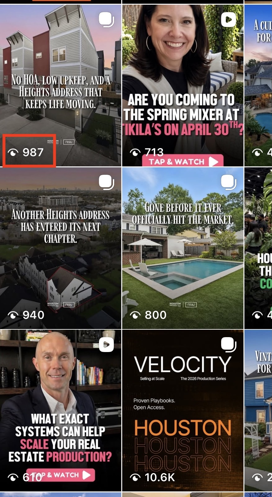 Instagram profile grid showing view count on listing post