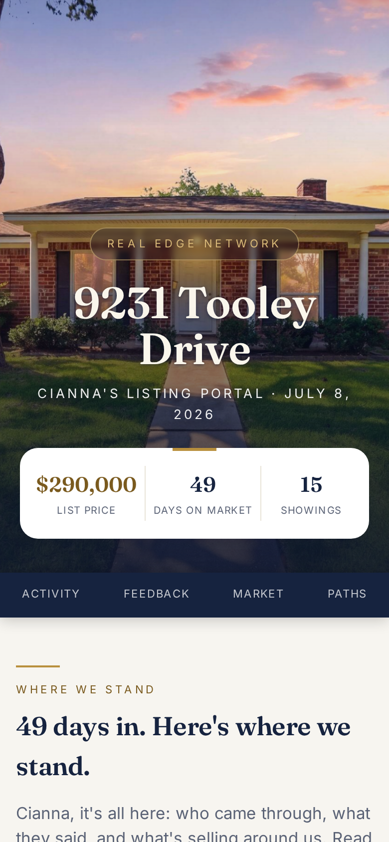 What your seller opens from your text: a private portal with the listing photo, address, stats, and navigation.