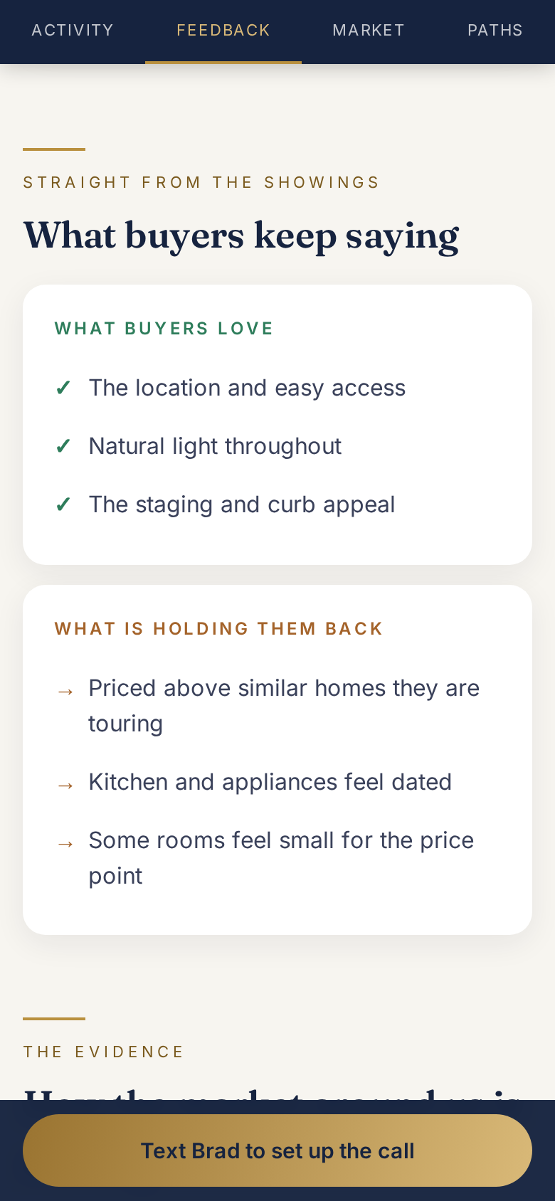 The sticky 'Text Brad to set up the call' bar at the bottom of the seller portal.