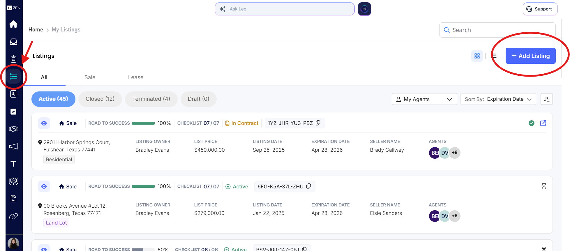 My Listings page with Create Listing button