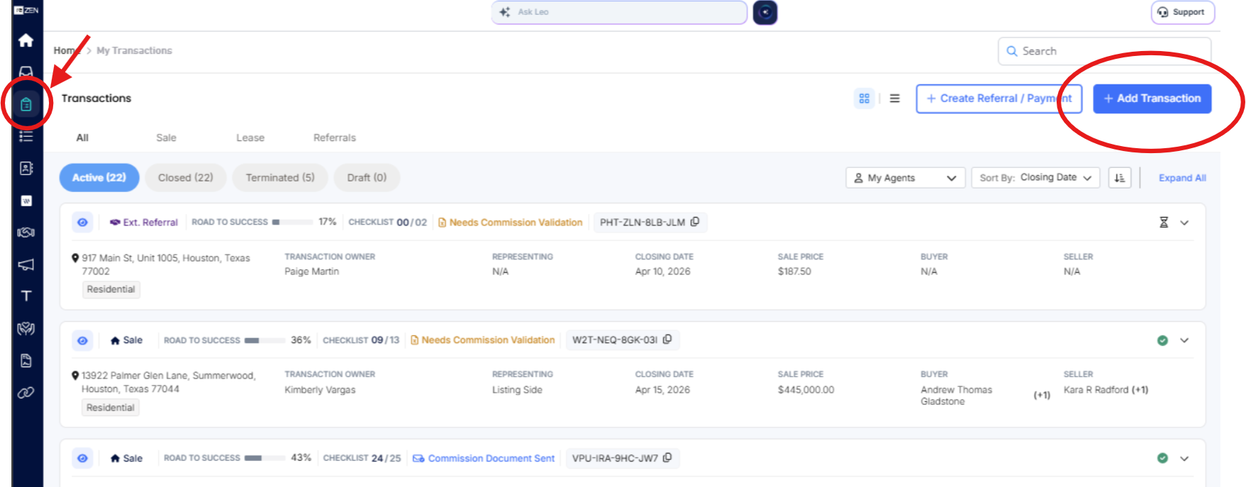 My Transactions with Create button