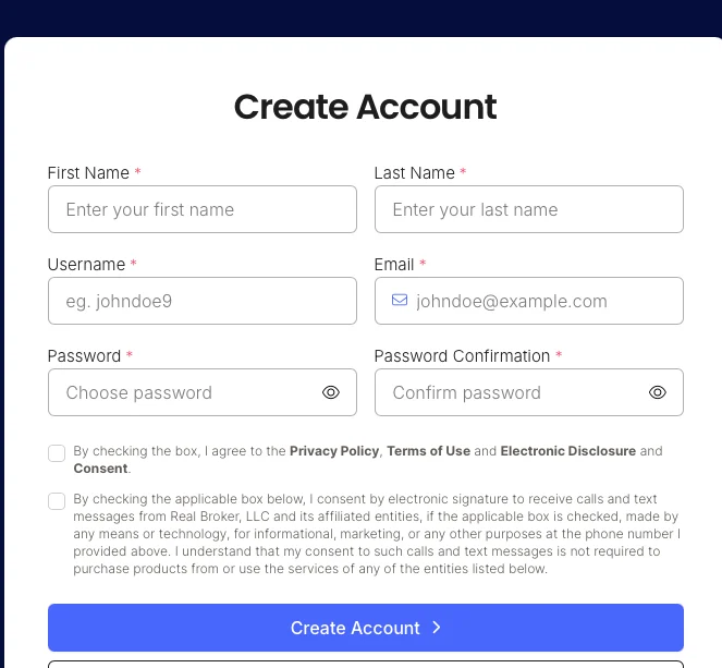 Create Account form