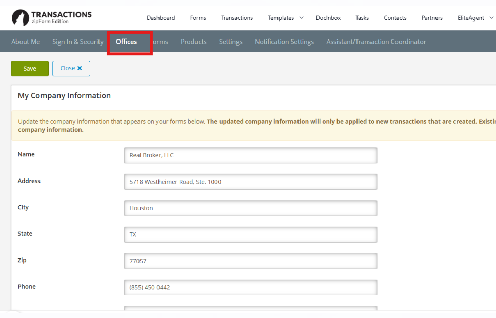 Zipform Offices tab with Real Broker LLC company info