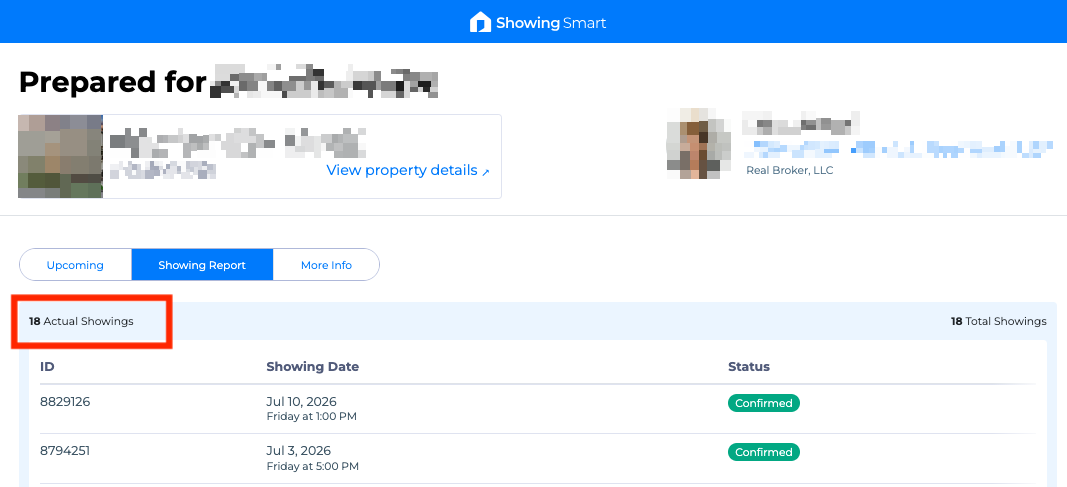 ShowingSmart Showing Report with Actual Showings count highlighted