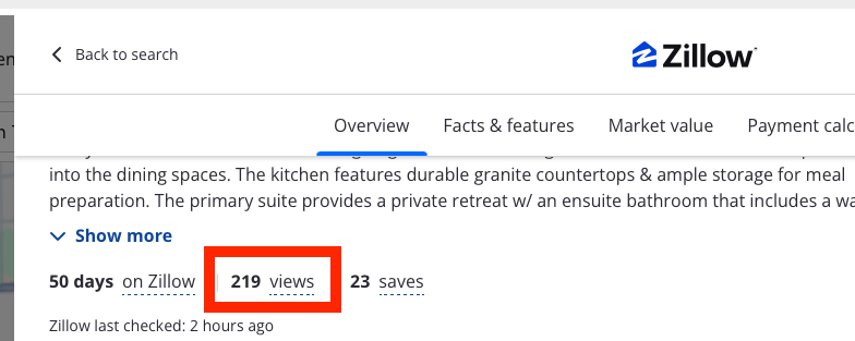 Zillow listing showing views count beside days on Zillow